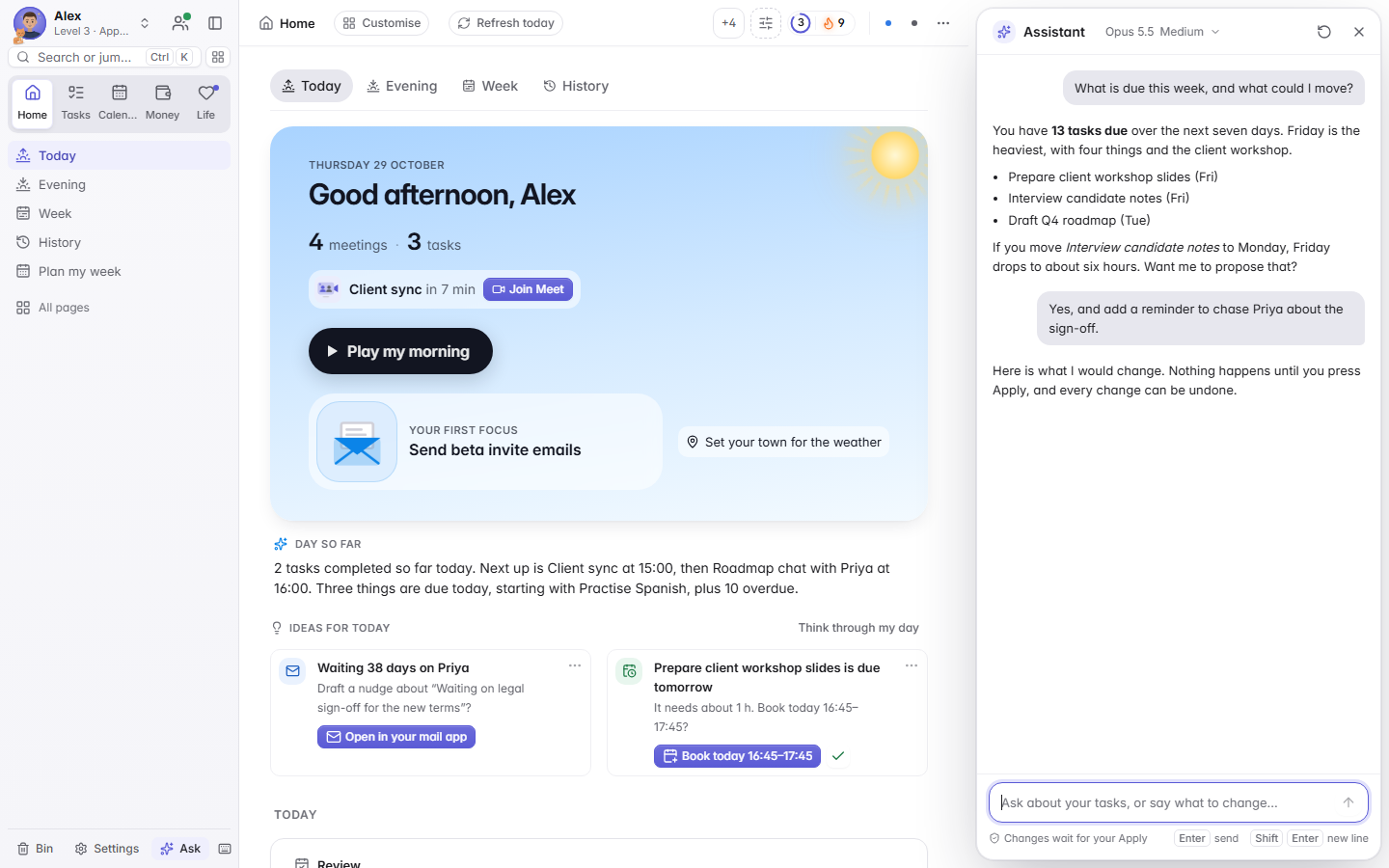 The assistant panel with a made-up conversation and a proposed change waiting for Apply