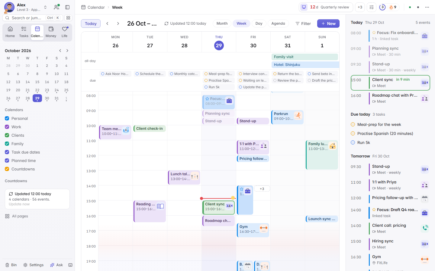 The calendar week view with events and due tasks side by side