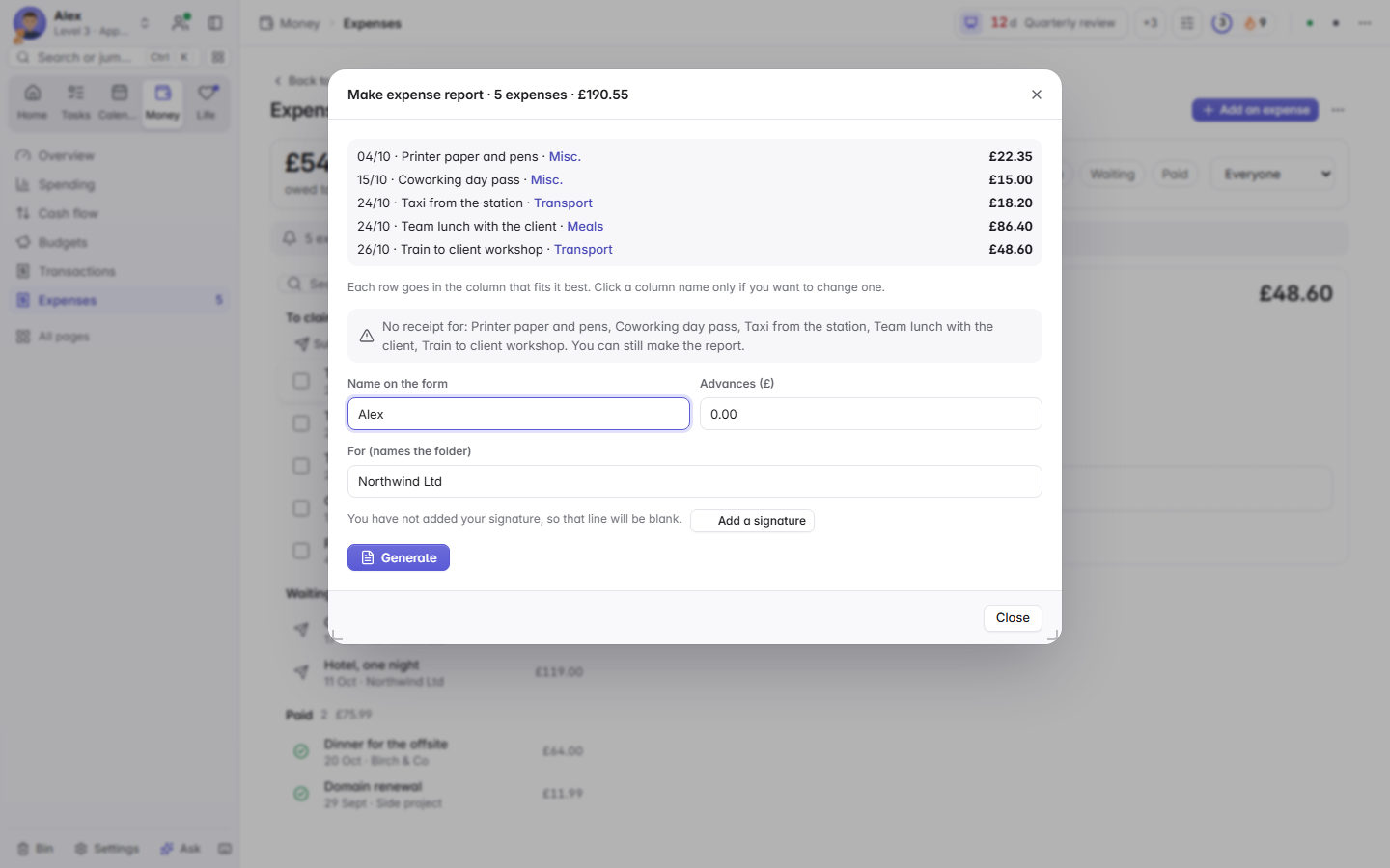 The Make expense report dialog