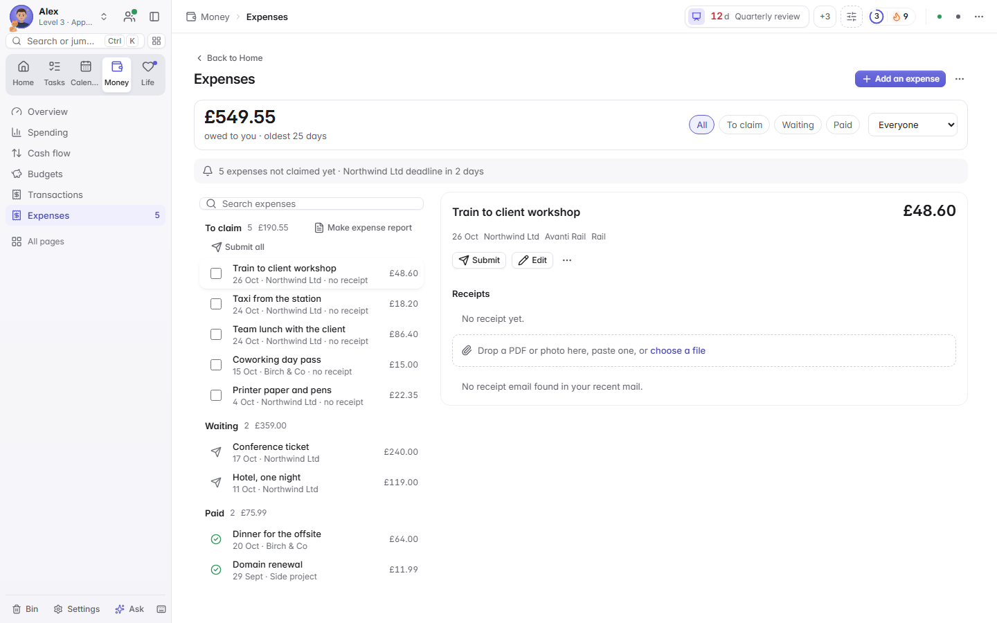 Expenses: to claim, waiting and paid, with one expense open