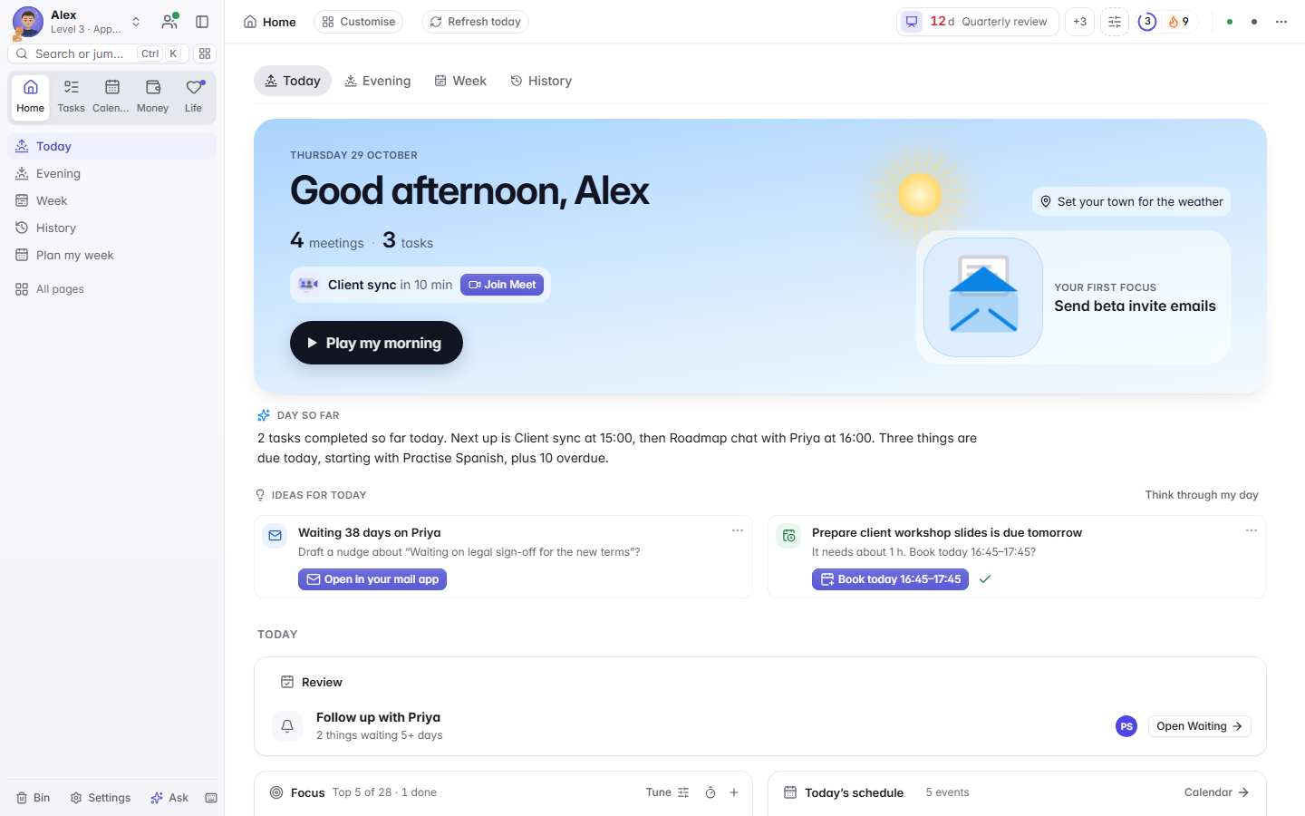 Freeflo Home: a morning card with today's meetings and tasks, the day so far in one sentence, and ideas for today (demo data)