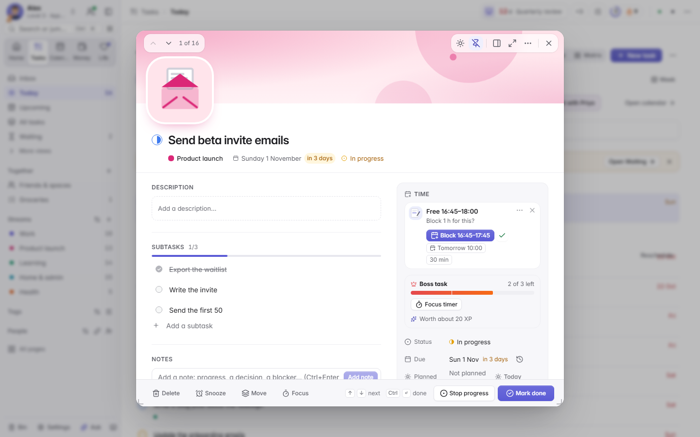 A task card with subtasks, a time suggestion and a focus timer